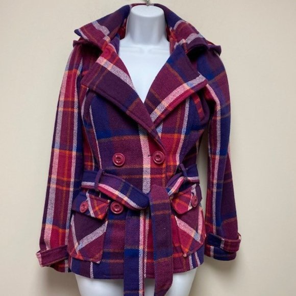 DEB Vintage 80's Trench Style Pea Coat‎ Wool Blend Plaid Hood, size Small - Picture 1 of 15